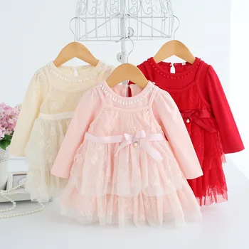 Модное платье для маленьких девочек, хлопковое платье с длинным рукавом для девочек, милое кружевное платье с бантом для дня рождения, платье для новорожденных девочек DQ893