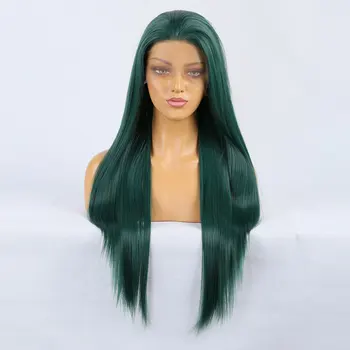 Парик из синтетических волос на кружеве спереди, Темно-зеленый, Длинные Прямые волосы из Термостойкого волокна, Натуральный пробор Посередине для женских париков
