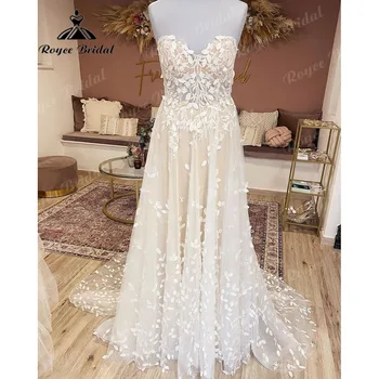 Винтажные кружевные аппликации Пляжная принцесса Шампанское свадебное платье в стиле бохо 2023 Свадебное платье на заказ vestidos de novia