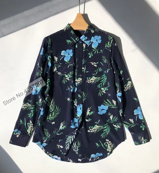 Женская блузка-рубашка из высококачественного 100% шелка с отложным воротником и карманами с цветочным принтом