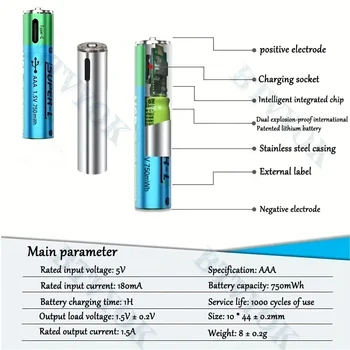 Литий-ионный аккумулятор USB 1.5 V AAA 750mWh, используемый для дистанционного управления, мыши, небольшого вентилятора, электрической игрушечной батарейки и т.д.
