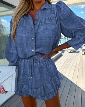 Модный женский комплект из двух предметов, женская одежда в европейском и американском стиле 2023, летняя джинсовая рубашка с принтом на пуговицах и оборками, комплект коротких шорт