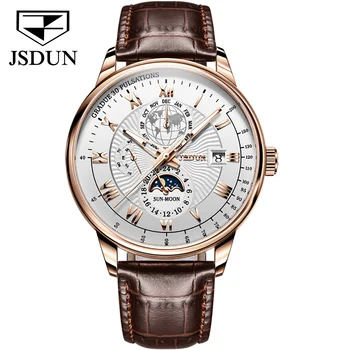 Механические часы бренда TAXAU для мужчин с кожаным ремешком Водонепроницаемые Мужские Автоматические часы с многофункциональным циферблатом Moonswatch Montre Homme