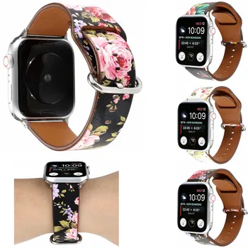 Ремешок из натуральной кожи Для Apple Watch Band 38 мм 40 мм 42 мм 44 мм С Цветочным Принтом Заменит Ремешок-браслет для iwatch 1 2 3 4 5