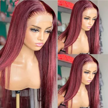 26-дюймовый Винно-красный Бордовый парик на кружеве 99J, Мягкие Длинные Шелковистые Парики из прямых волокон с волосами Младенца для женщин, натуральная линия роста волос