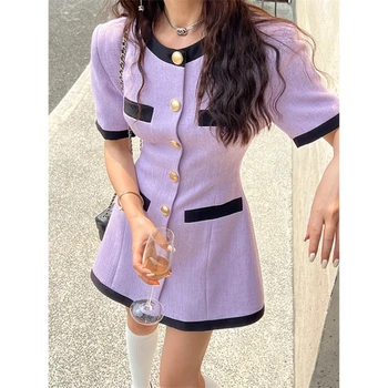Лето 2023, новая мода, Корейский Фиолетовый Черный костюм с круглым вырезом, платье на одной пуговице, Vestidos
