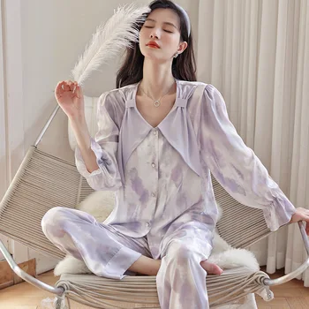 2023 Новый пижамный костюм с рукавом-бантом и рюшами, Пижама из атласа, комплект для сна из двух предметов, повседневная весенняя домашняя одежда, Сексуальная ночная рубашка