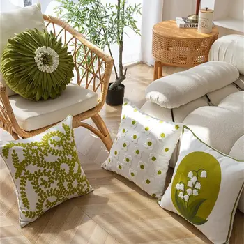 Зеленые листья Ландыша, Наволочка с цветочной вышивкой, чехол для подушки Morden, повседневный хлопковый чехол для дивана, спальни, Decro, 45x45 см