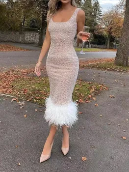 VAZN 2022, женское длинное платье в уличном стиле с блестками, платье без рукавов с круглым вырезом, однотонное женское платье средней длины