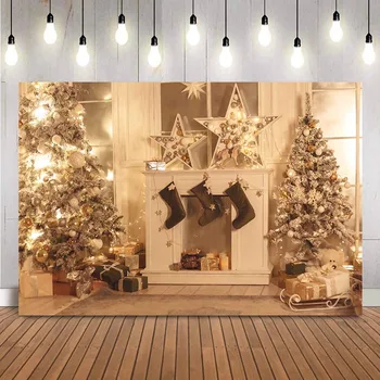Рождественское украшение с блестящей звездой, фон для фотосъемки, Рождественская елка, фотоколлаж, белый камин, сияющие подарки, фото