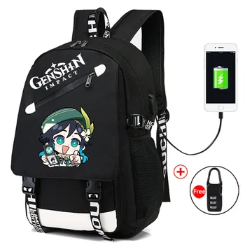 Ударный рюкзак Venti Kazuha Аниме Genshin, школьная сумка для студентов, брезентовый дорожный рюкзак большой емкости с кабелем для передачи данных