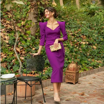 Элегантные вечерние платья Katerina из атласа фиолетового цвета со складками на рукавах, платья для выпускного вечера длиной до чая, вечернее платье для леди для особых случаев.