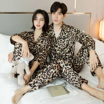 Осенне-Летняя Пара Пижамный Комплект Мужчины Женщины С Длинным Рукавом Длинные Брюки Пижамы Леопардовый Принт Атласные Пижамы пижама пижама
