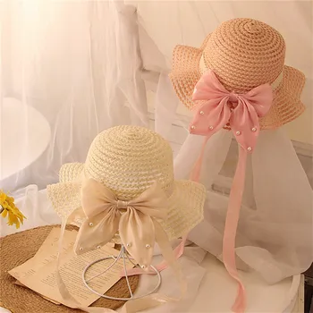 Летние соломенные шляпы для девочек 2-8 лет, детские пляжные шляпы с большим бантом, украшенные жемчугом, детские солнцезащитные кепки с широкими полями