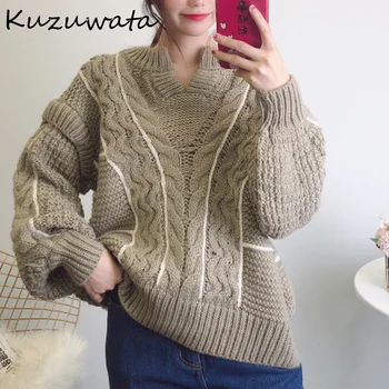 Kuzuwata 2023 Осень-Зима Новые Женские Вязаные Пуловеры с V-образным вырезом и длинным рукавом, Джемперы с плетеной веревкой, теплые Мягкие Свитера