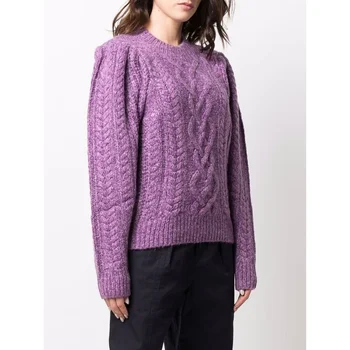 Женский свитер 2022, осень и зима, Новый модный тренд, круглый вырез, вязаный свитер фиолетового цвета с длинным рукавом