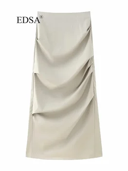 Женская Элегантная плиссированная юбка Миди цвета EDSA цвета Хаки 2023, Новые женские юбки-футляры с высокой талией, разрезом сзади на металлической молнии,