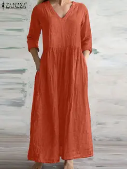 Модный весенний сарафан Оверсайз 2023 ZANZEA, повседневный свободный хлопковый праздничный халат, женское однотонное платье с V-образным вырезом и длинным рукавом