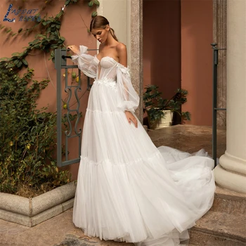 МАКЕТ Свадебных платьев NICEB Princess 2023 с открытыми плечами, свадебное платье с длинными пышными рукавами, Многоуровневое платье невесты на шнуровке в виде сердечка