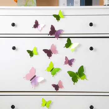 12 шт./лот 3D Зеркальные наклейки с бабочками, ПВХ Съемная наклейка с бабочками, художественная наклейка, свадебный дом, детская комната, наклейка на стену