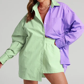 2022 Женские Летние комплекты-двойки С длинным рукавом, цветные женские блузки в стиле пэчворк с мини-шортами, женские повседневные костюмы