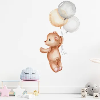 Мультяшный плюшевый мишка, поднимающий воздушный шар в небо, наклейки на стены для детской комнаты, украшения детской комнаты, наклейки на стены, интерьер комнаты