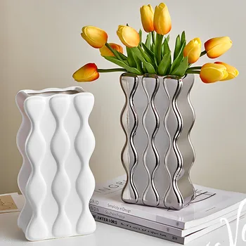 Керамический горшок для сухих цветов Nordic Modern Home Wave, Декоративный контейнер, Гальваническое покрытие для гостиной, Украшение Серебряной настольной Вазы