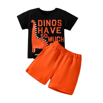 2023 Новый комплект для мальчиков, летняя спортивная одежда, детская хлопковая повседневная футболка с круглым вырезом и коротким рукавом + шорты, детская одежда с динозавром