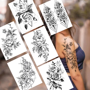 Временная татуировка в виде цветка, набросок карандашом, Женская мода, украшение для боди-арта, Татуировка для свадебного шоу, Поддельная геометрическая Водонепроницаемая татуировка