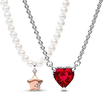 Красное сверкающее сердце Halo Collier серии Lucky Star Жемчужное ожерелье из стерлингового серебра 925 пробы для популярных ювелирных изделий из бисера-шарма DIY