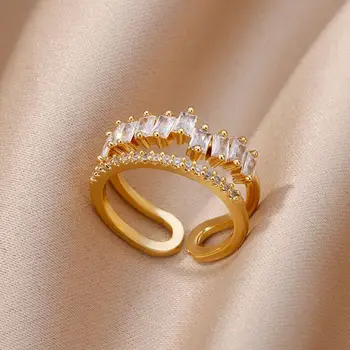 Роскошные Двухслойные кольца с цирконием Для женщин, Позолоченное кольцо с открытым пальцем из нержавеющей стали, Новые Модные Свадебные украшения в готическом стиле, подарок