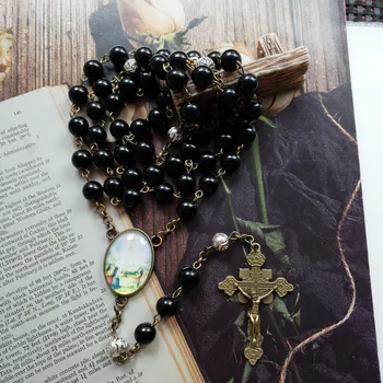 Ожерелье из четок Diyalo из натурального черного камня, Католическое Распятие, Крест Иисуса, Ожерелье с подвеской Девы Марии, Женские украшения