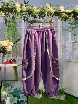 Брюки Mori Girl с кружевной цветочной вышивкой, свободные повседневные укороченные брюки для женщин