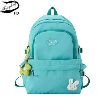 Женский школьный рюкзак Fengdong, милые школьные сумки для девочек, подростков, сумка для книг средней школы, украшение в виде кавайного цветка и кролика