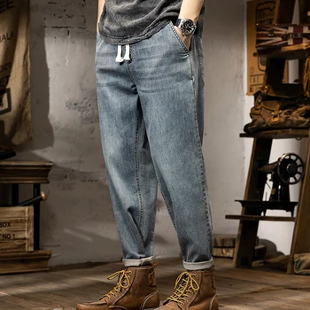 Мужские летние новые винтажные джинсы большого размера, мужские свободные укороченные брюки на тонкой резинке с завязками большого размера