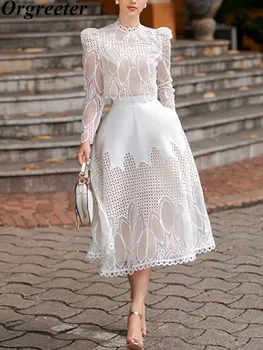 Французские винтажные белые кружевные комплекты из двух предметов, женские вечерние платья, костюмы, топы с вышивкой + комплекты с длинной юбкой с высокой талией, вечерние наряды
