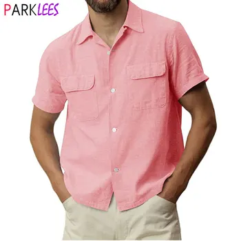 Розовая мужская рубашка Guayabera с коротким рукавом, льняная однотонная рубашка на пуговицах, с двойным карманом, свадебные пляжные топы, блузка, сорочка Homme