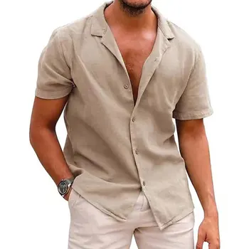 2023 Однотонная льняная рубашка мужская повседневная уличная рубашка с отложным воротником и короткими рукавами на пуговицах, высококачественная дышащая рубашка S-3XL