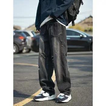 Мужские джинсы с карманами в стиле пэчворк, джинсовые брюки, Удобные брюки-карго в стиле Нищего, Уличная повседневная мужская уличная одежда H49