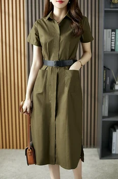 Новая женская одежда на весну и лето 2023, армейское зеленое платье-рубашка с отворотом и поясом 0413