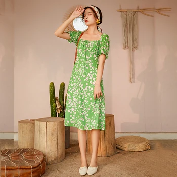 TingYiLi Ретро Зеленое платье с цветочным рисунком Женское праздничное пляжное платье Летнее платье Миди