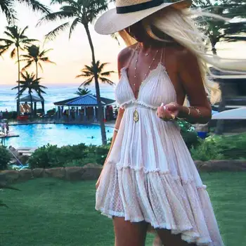 Летнее платье В СТИЛЕ бохо, хлопковое кружевное плиссированное пляжное платье с открытой спиной на бретельках, сексуальное платье с V-образным вырезом, женское богемное платье vestidos 2023