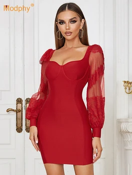 Modphy 2023 Новое Сексуальное Облегающее платье с красным фонариком и длинным рукавом, кружевное облегающее мини-бандажное платье, Модные вечерние женские платья