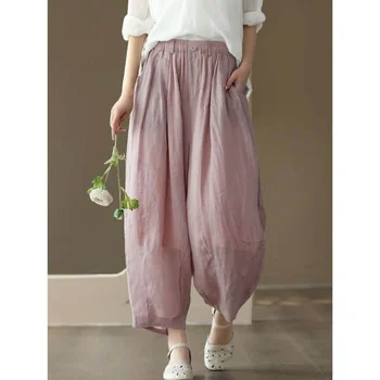 Хлопчатобумажные льняные шаровары Женские Винтажные брюки с завышенной талией в корейском стиле, повседневные мешковатые брюки с эластичной талией большого размера