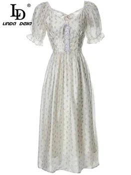 LD LINDA DELLA, Новое Летнее платье Миди для подиума 2023, Женское элегантное праздничное платье с пышными рукавами и цветочным принтом