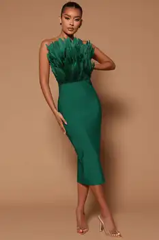 Новое зеленое коричневое женское платье без рукавов с розами, сексуальные перья с открытыми плечами, облегающее платье миди 2023, костюм для вечеринки в честь дня рождения с повязкой из вискозы