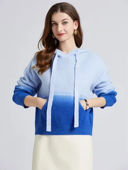 Модный Кашемировый свитер с капюшоном градиентного цвета, женский Мягкий Вязаный Пуловер с длинным рукавом и карманом, Короткий джемпер