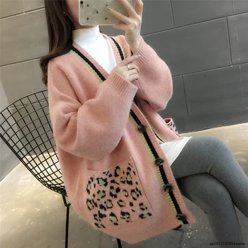 Женский кардиган с V-образным вырезом, осень-зима 2023, Свободный вязаный свитер с леопардовым карманом, женское розовое вязаное пальто ropa para mujer