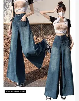 Свободные джинсы большого размера с широкими штанинами, женские весенние брюки-юбка с оборками, джинсовые брюки-швабры, женские брюки