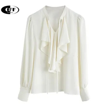 OFF корейская мода офисная работа OL белый топ с длинным рукавом, блузки для женщин, трафик, шикарные оборки, элегантные blusas mujer de moda, одежда